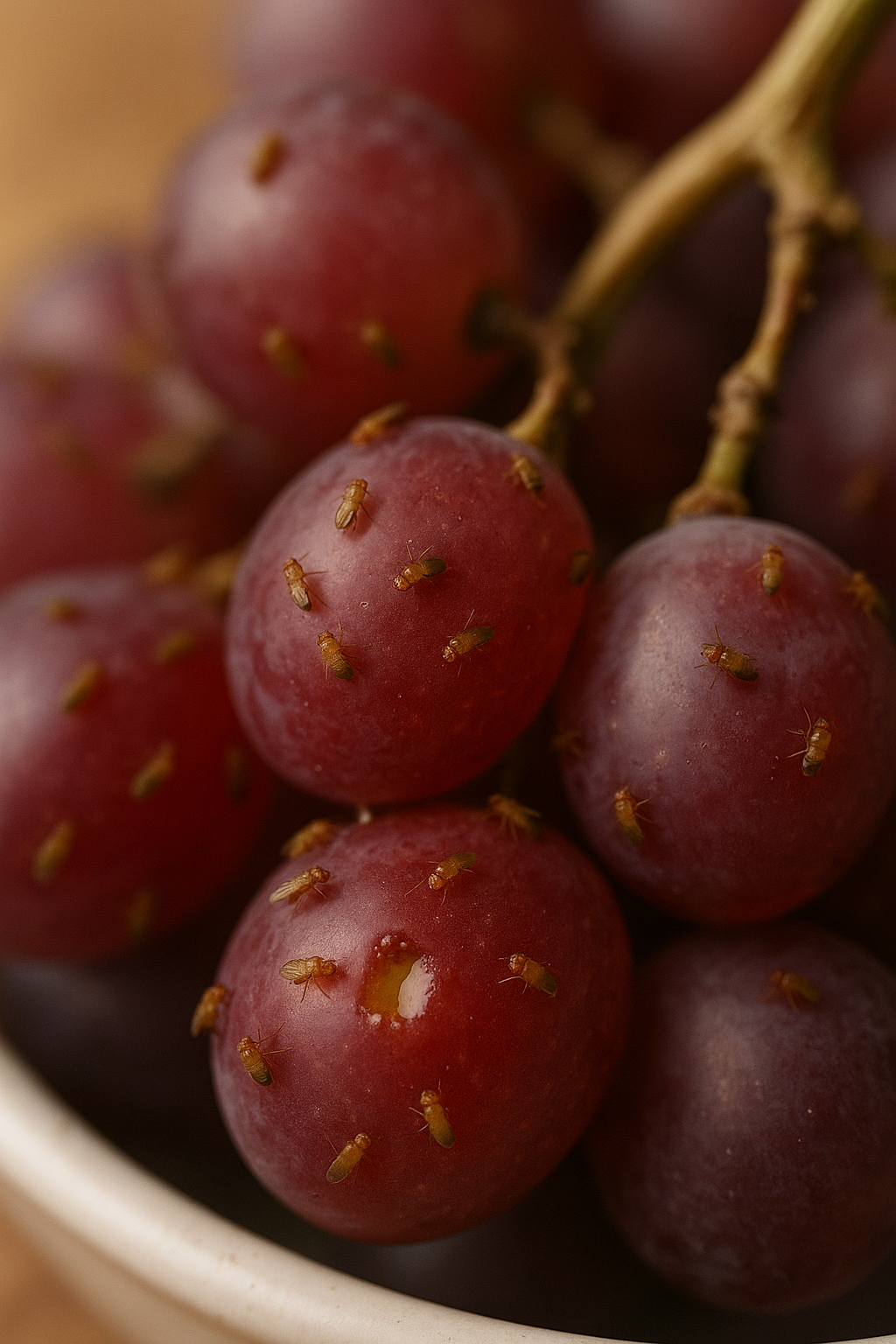 Fruchtfliegen auf Trauben während der Weinlese