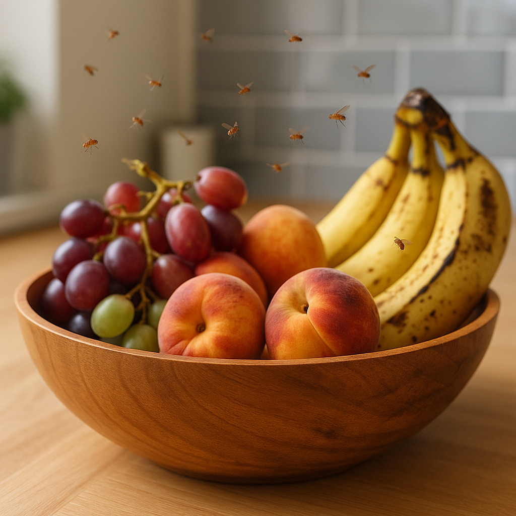 Fruchtfliegen über einem Obstkorb